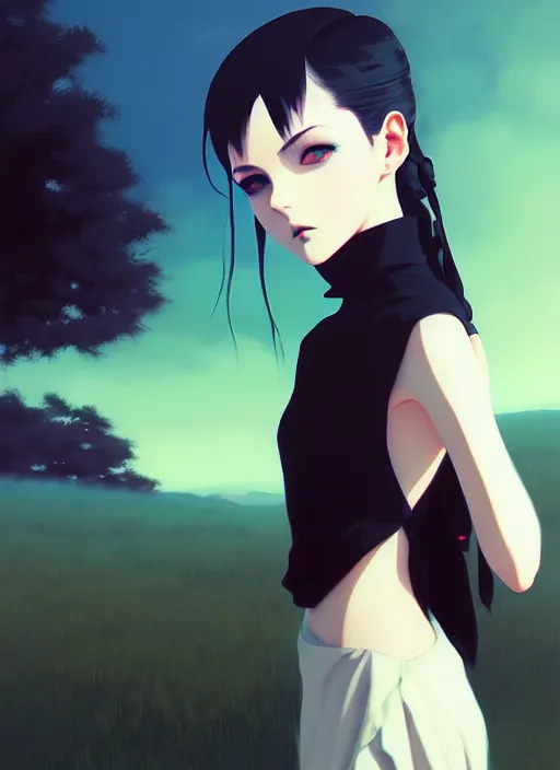 Image similar to portrait of a goth girl by ilya kuvshinov, cloudy sky background lush landscape illustration concept art anime key visual trending pixiv fanbox by greg rutkowski makoto shinkai studio ghibli