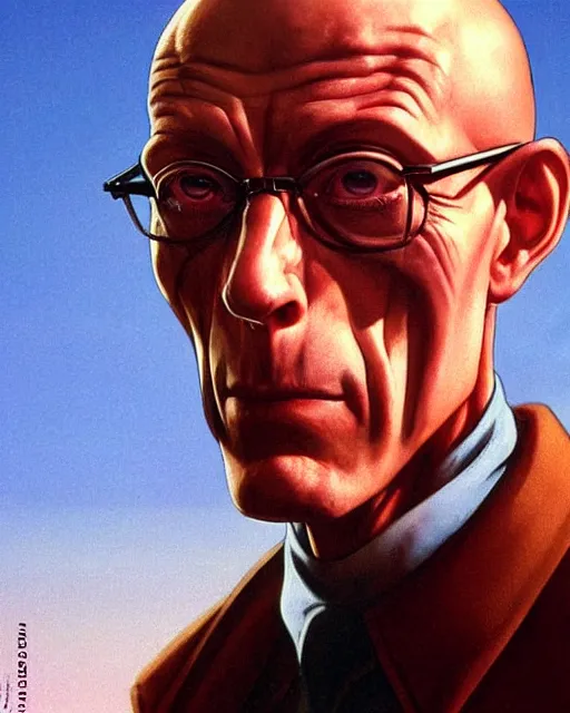 Image similar to michel foucault. 1 9 8 0 s dystopian soviet russia, propaganda screens. unreal engine, fantasy art by jesper ejsing. faithfully depicted facial expression, perfect anatomy global illumination, radiant light, detailed and intricate environment