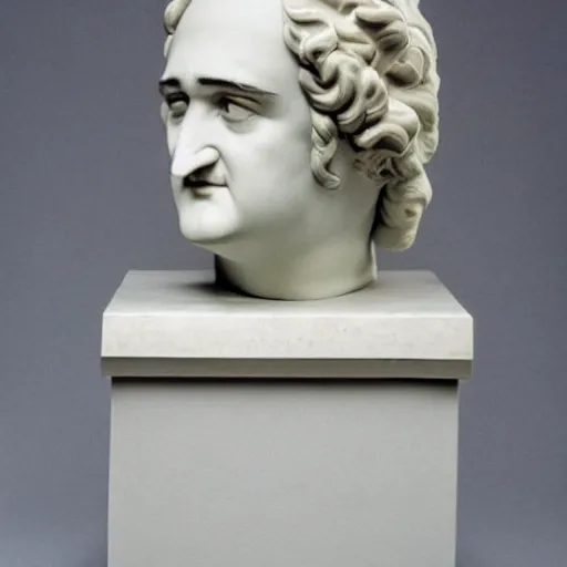 Image similar to a sculpture by canova with the likeness of john belushi in the blues brothers film