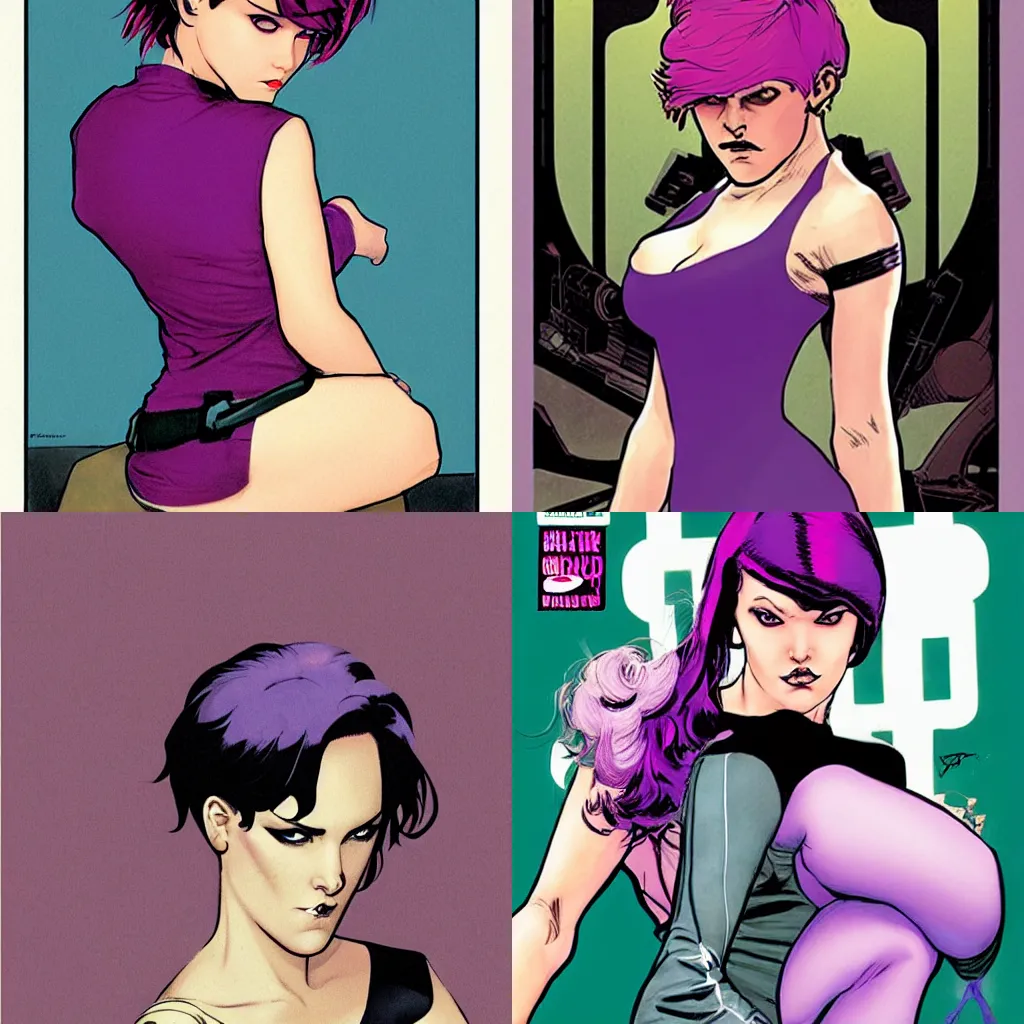 Prompt: pretty tomboy with short purple hair, artwork by adam hughes, looking grumpy