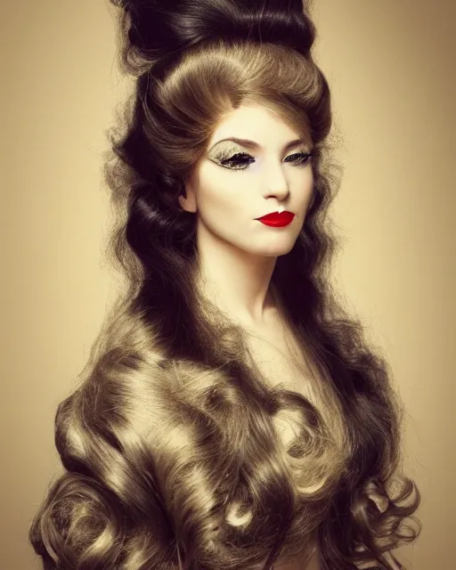 Image similar to a young woman with an extravagant hair style in the style of Erica Rose Levine