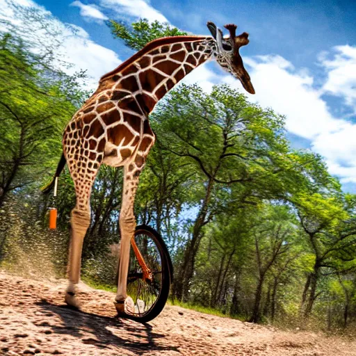 Image similar to An action photo of a giraffe with old school brown pilot goggles riding mountainbike, fast towards the camera, motion blur, high detail, wide shot