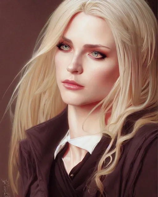 Image similar to portrait of a blonde vampire, dark, piercing eyes, gentle expression, elegant clothing, photorealistic, highly detailed, artstation, smooth, sharp focus, art by michael whelan, artgerm, greg rutkowski and alphonse mucha