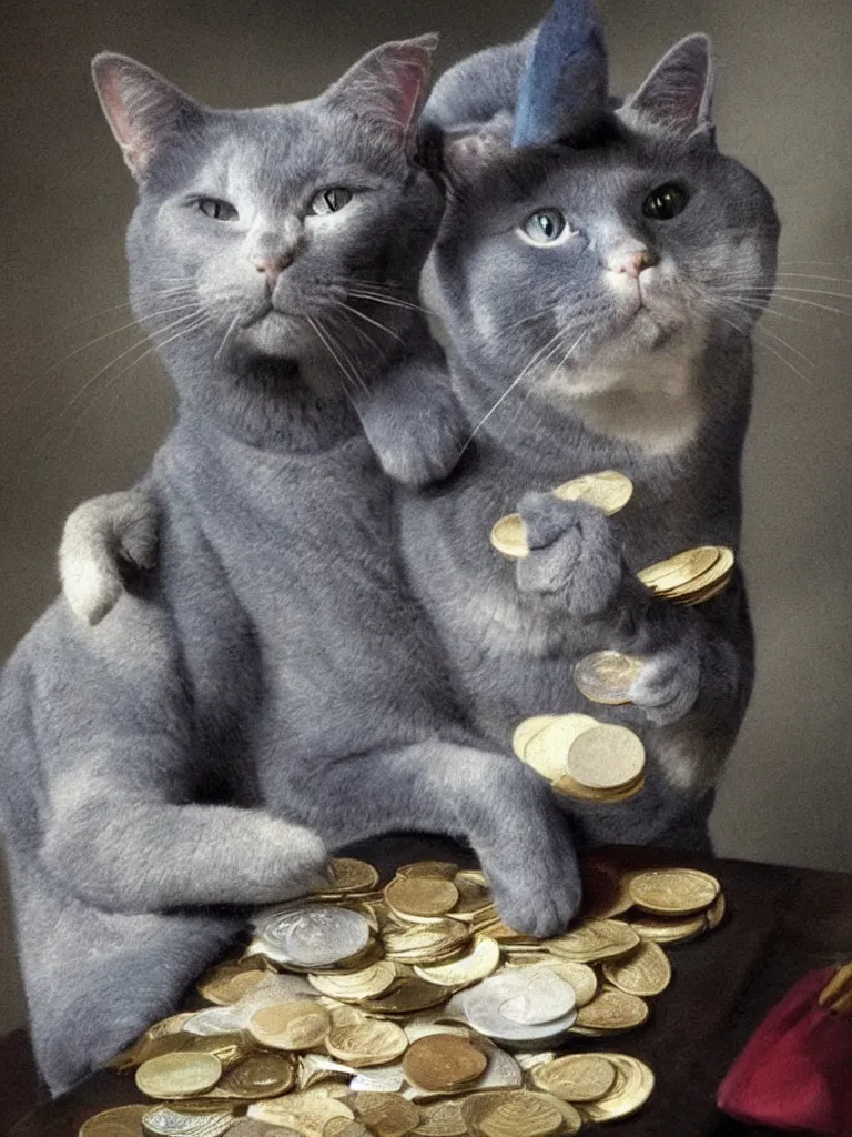 Prompt: A Russian blue cat wears a yarmulke and collects coins and cotton buds in the style of a renaissance painting