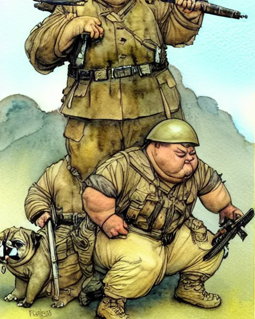 Image similar to a realistic and atmospheric watercolour fantasy character concept art portrait of a fat adorable chibi pugs as soldiers in vietnam, by rebecca guay, michael kaluta, charles vess and jean moebius giraud