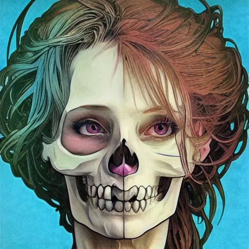 Image similar to manga skull portrait girl female skeleton Candy realism hyperrealistic art will cotton alphonse mucha pop art fairey