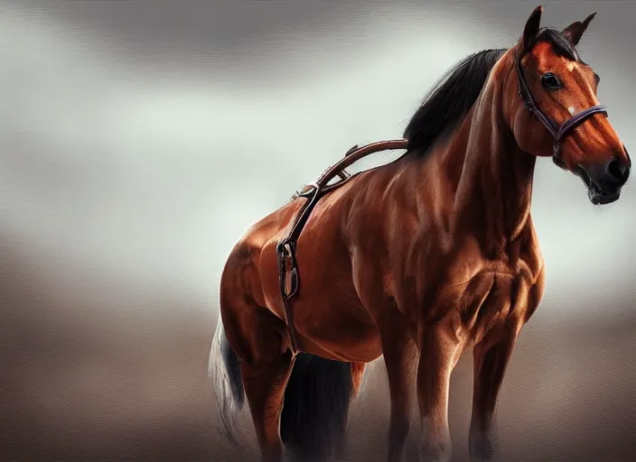 Image similar to concept art of horse with a algie, carrying a saddle bag, digital art, photo realistic, highly detailed