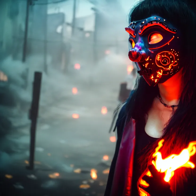 Image similar to a photo close up cyberpunk woman, wearing demon mask, fire dance in cyberpunk dirty alley, smoke mist rain, cyberpunk gunma prefecture, midnight, photorealistic, cinematic color, studio lighting, highly detailed, bokeh, style by tomino - sama