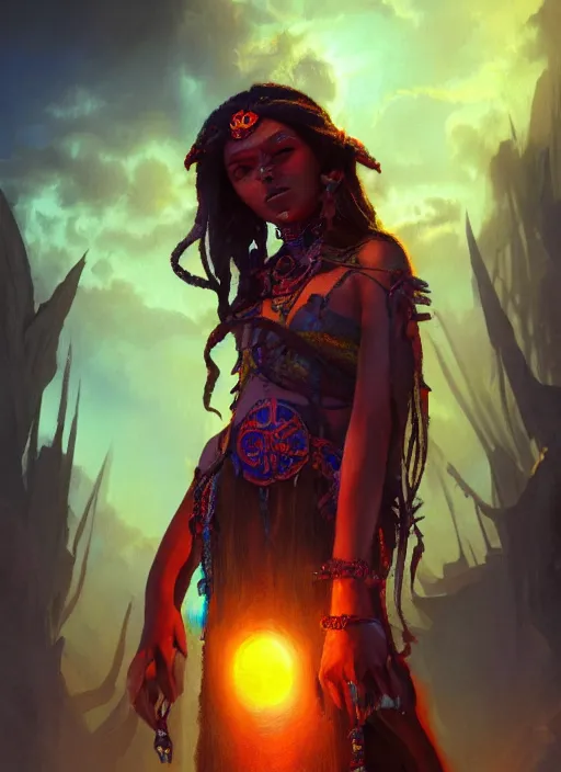 Image similar to aztec sun goddess, vivid colors, dark shadows, contrast, concept art, sharp focus, digital art, Hyper-realistic, 4K, Unreal Engine, Highly Detailed, Dramatic Lighting, Beautiful, by Brom, bastien lecouffe-deharme