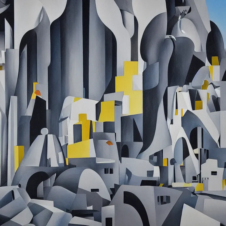 Image similar to a painting of abstract buildings like santorini by zaha hadid and yves tanguy