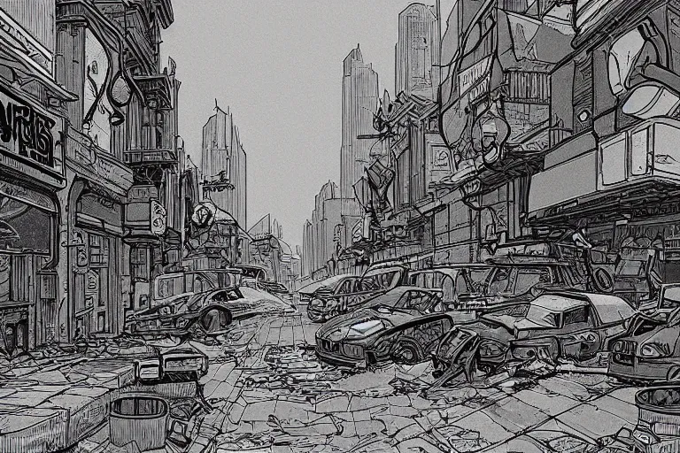 Prompt: A post apocalyptic city street in the style of a Moebius drawing
