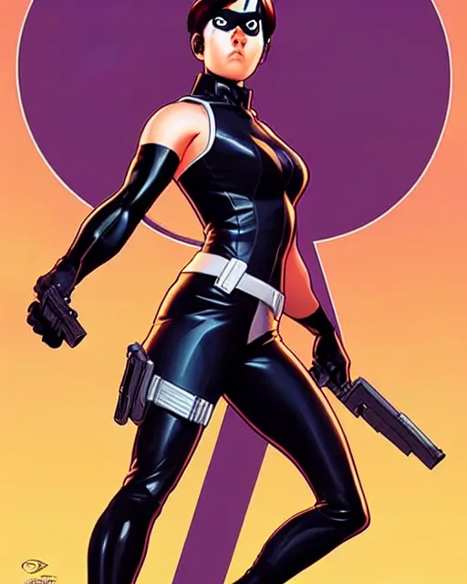 Image similar to phil noto comicbook cover art, artgerm, female domino marvel x - force, black circle spot right eye, symmetrical eyes, long red hair, full body, city rooftop