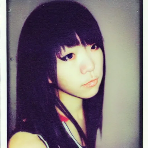 Prompt: atmospheric polaroid photograph of a japanese girl with emo makeup and long hair, bangs