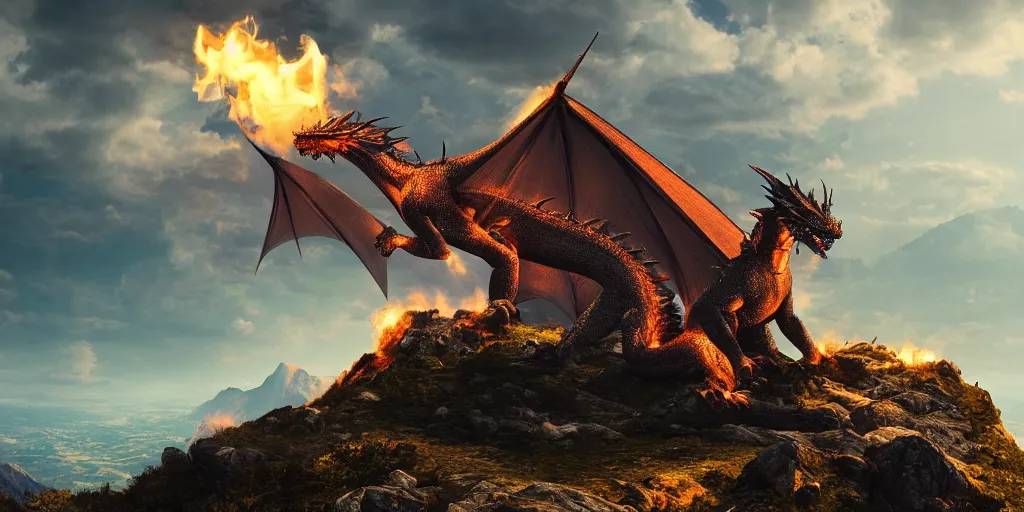 Image similar to A dragon breathing fire on the top of a mountain, epic composition, detailed and intricate image, cinematic, 4K