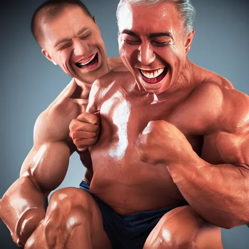 Image similar to bodybuilder man tickled by another man, photorealistic, high detail