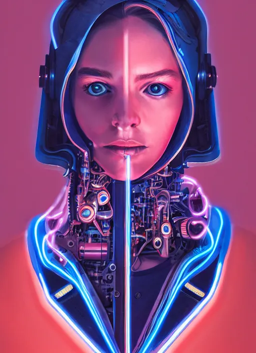 Image similar to portrait of a cyborg humanoid girl with mechanical and electronic element, denim jacket surrounded by neon light, Michael Whelan and Tristan Eaton, highly detailed, trending on artstation