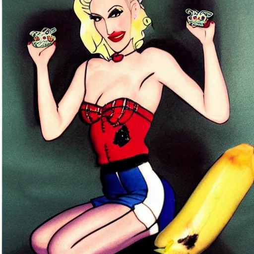 Prompt: 9 0 s gwen stefani, stylized as an american traditional tattoo pinup girl, sitting on a banana,