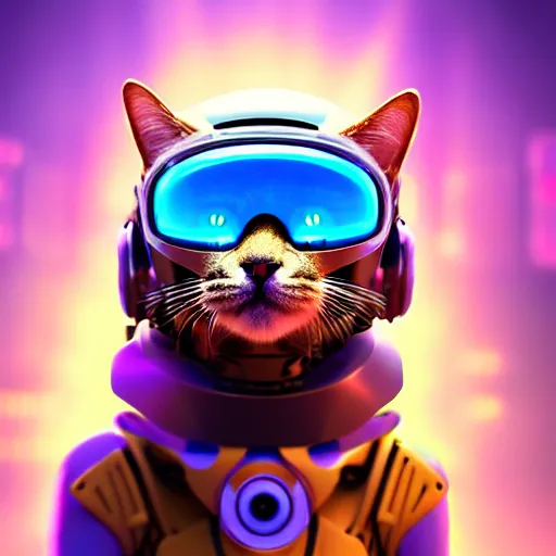 Image similar to futuristic sci fi kitty operating a mech, cat wearing helmet, sci fi helmet with visor, 4 k, 8 k, pixar style, bright colors, alien planet