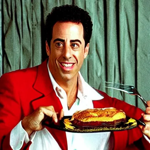 Image similar to jerry seinfeld holding a fork and knife with kramer's head on a plate. realistic photo