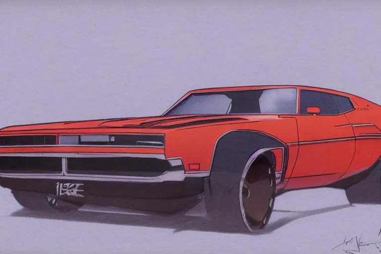 Prompt: Concept art of a retrofuturistic 1970s muscle car.