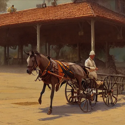 Image similar to a man pulling a cart, horse on cart, hyperrealism, no blur, 4 k resolution, ultra detailed, style of ron cobb, adolf hiremy - hirschl, syd mead, ismail inceoglu, rene margitte