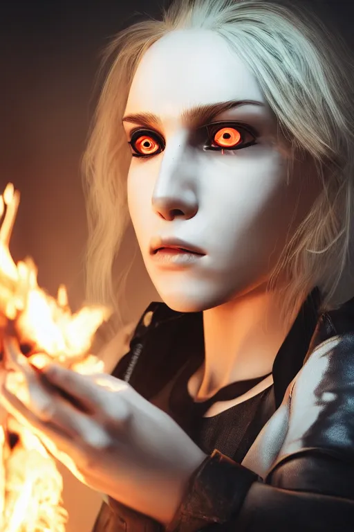 Prompt: young blonde woman playing with fire coming out of her eyes, cyberpunk, realistic, high definition, many details, dramatic scene, symmetrical face, realistic eyes, unreal engine art 5