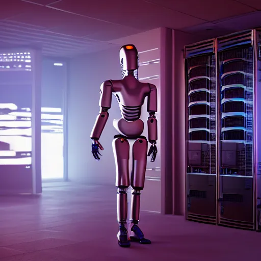 Image similar to hyperrealism stock photo of highly detailed stylish humanoid robot in sci - fi cyberpunk style by gragory crewdson and vincent di fate that working in the highly detailed data center by mike winkelmann and laurie greasley rendered in blender and octane render