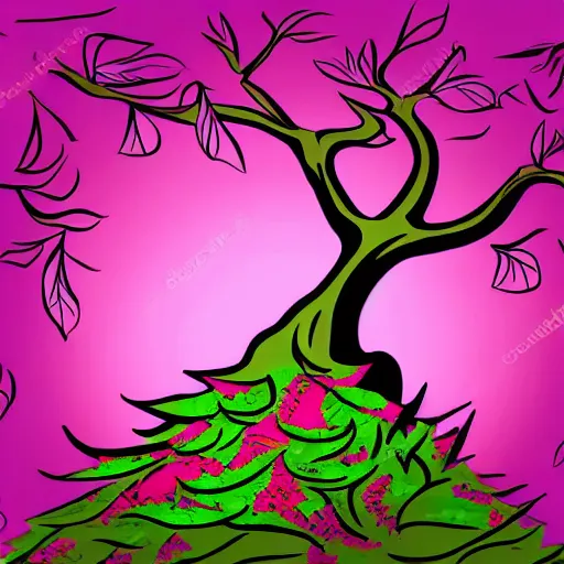 Prompt: cartoon background of a thick tree with pink glowing leaves hanging down