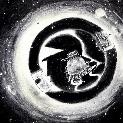 Prompt: ascending battle tank heavy armor blasting with yin - yang black and white symbol daoist paint, pencil painting in a cosmic field
