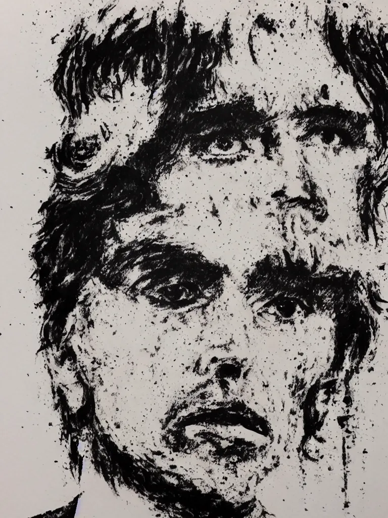 Image similar to close upt. cogerent eyes. detailed face. tony montana from movie scarface. color ink paint