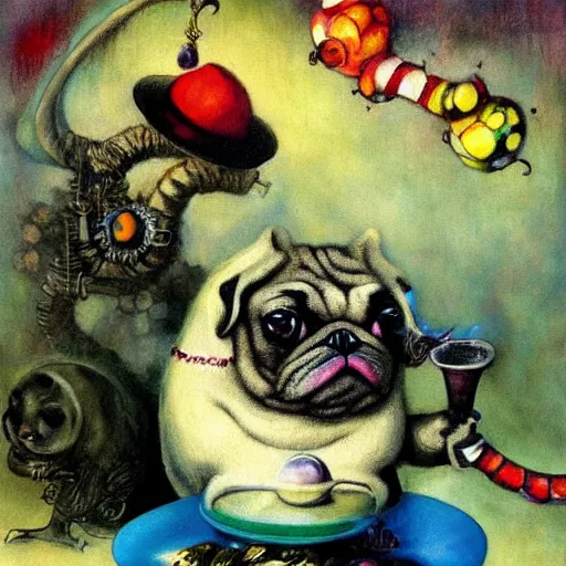 Image similar to pug caterpillar smoking hooka in wonderland, intricate detail, painting, jazz age, miro, royo, frazetta, whealan,