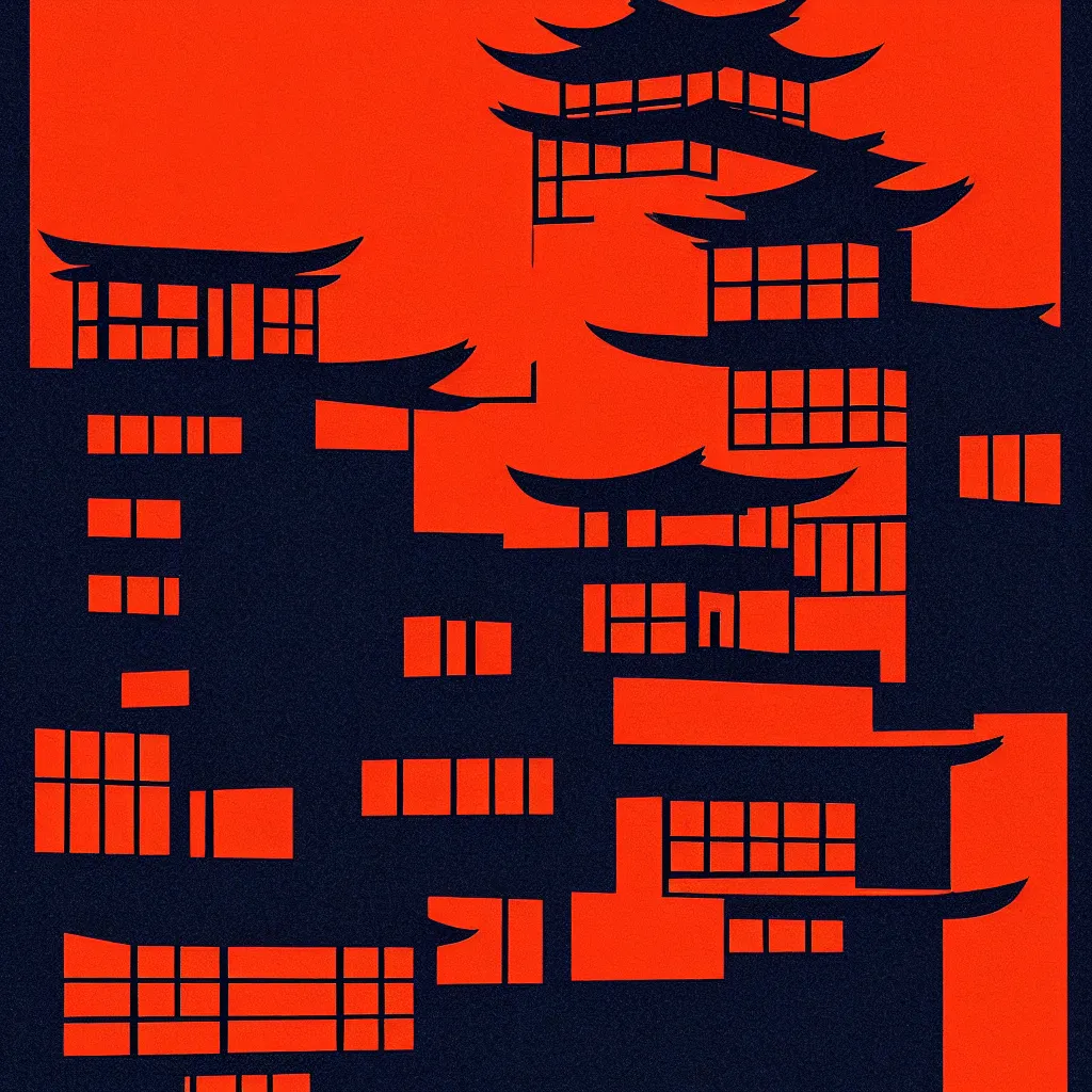 Prompt: old kyoto, mads berg, karolis strautniekas, film noir, stippled light, dramatic lighting, editorial illustration, detailed, fine texture, matte print, art deco, brutalism, dark blue + dark orange, red, black, ( ( habitat 6 7 background ) )