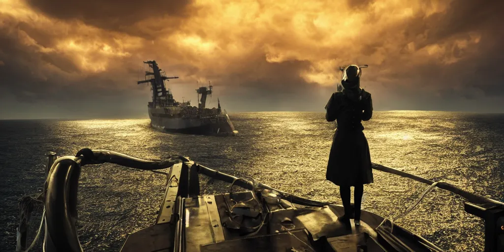 Prompt: medieval woman ship pilot standing at the bow of a ship at sea from behind, dramatic dark glowing golden neon sunset with thick wall of storm clouds and turbulant seas with land in the distance, hyperrealistic, hd 4 k, artstation