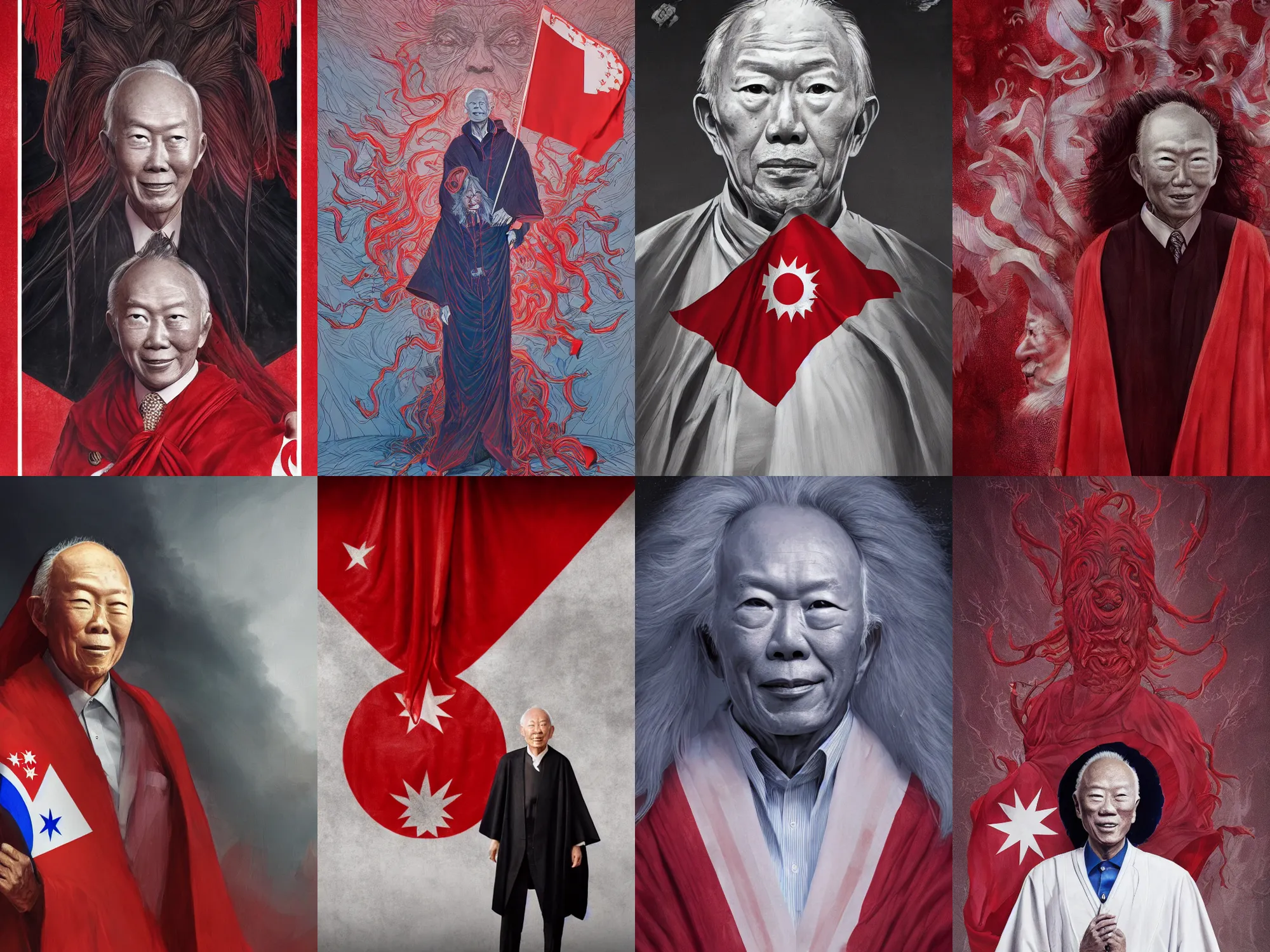 Prompt: a portrait of lee kuan yew, in a cloak with a singapore flag, with long hairs, art by James Jean and Wayne Barlowe, high detail, red and white lighting, cinematic, cgsociety 8k