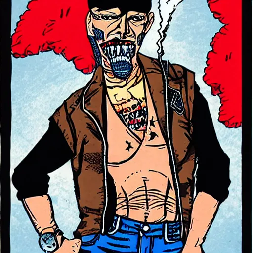 Image similar to gg allin wearing a denim vest, cartoon smoking