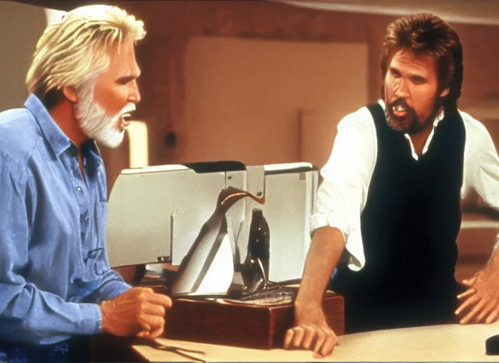 Image similar to film still of Kenny Rogers and Gary Busey yelling at a computer in the new You've Got Mail movie, 4k