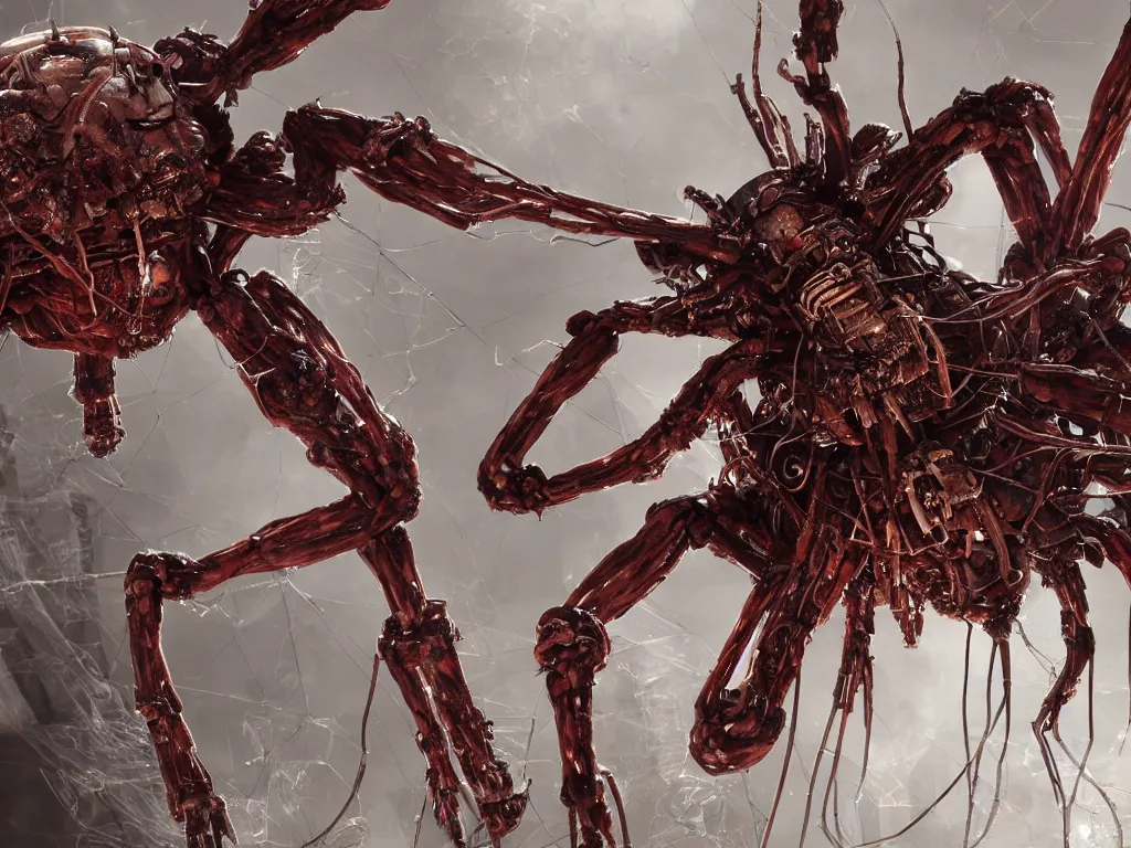 Prompt: Techno-biological iron-meat spider with big artillery cannon in his torso. Consisting of tumors, veins, guts, long spider paws, kidneys, wires, shafts. The head is made of mechanisms and a fanged maw. Bodyhorror, biopunk, extremely high detail, ultra realistic, photorealism, concept art, octane render, view from a distance, 8k, 16k