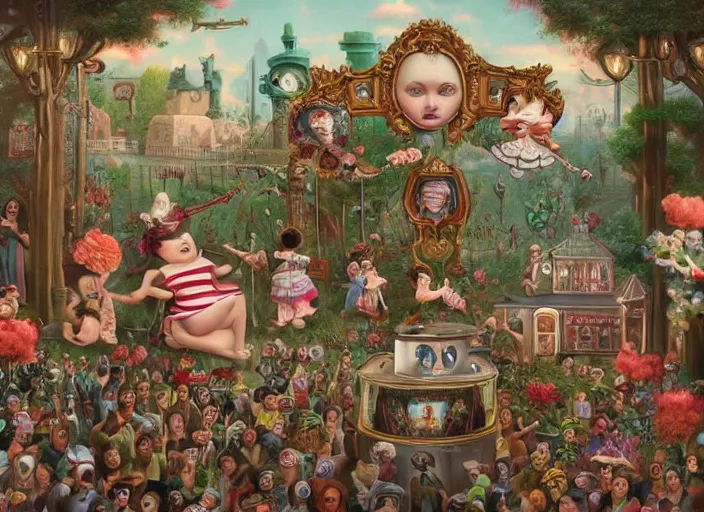 Image similar to 🎪🎟🤹♀🎠🎡, lowbrow, matte painting, 3 - d highly detailed, in the style of mark ryden,