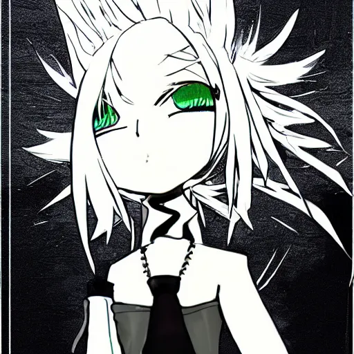 Prompt: Fullbody character design of an anime girl with white hair and black eyes wearing three piece suit in the style of Yoshitaka Amano and Final Fantasy drawn with broad brush strokes and with an abstract black and white background, film grain effect, expressive brush strokes