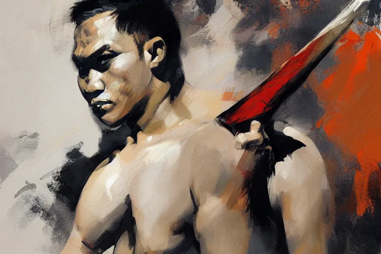 Image similar to greg manchess portrait of a filipino mma fighter with a sword shouting happy, profile picture, organic painting, sunny day, matte painting, bold shapes, hard edges, street art, trending on artstation, by huang guangjian, gil elvgren, ruan jia, randy vargas, greg rutkowski