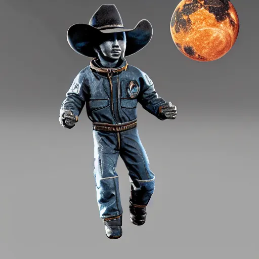 Image similar to apollo 8 cowboy earthrise cowboy in cowboy space, octane render, blender render, unreal engine, 3 5 mm, cowboy, with earth in rising in the sky in the background