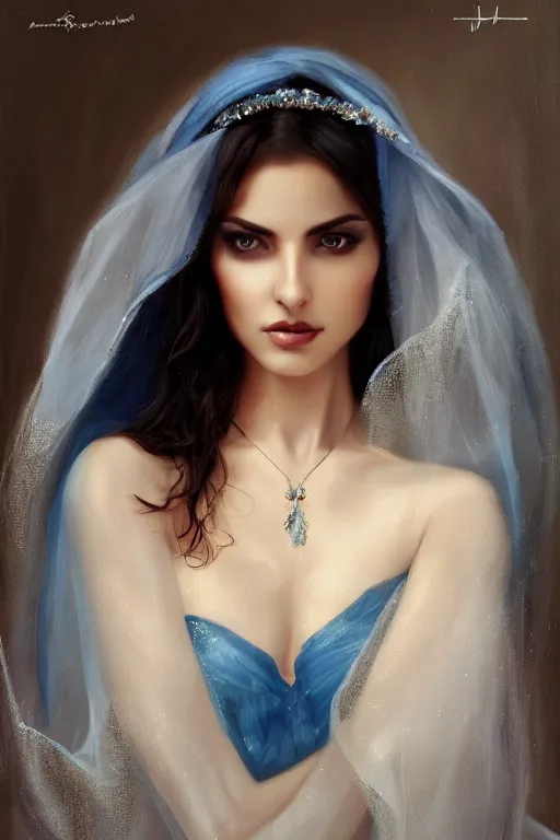 Image similar to Ameera al-Taweel, bright blue eyes, long wavy black hair, white veil, closeup, focus face, elegant, highly detailed, centered, oil painting, artstation, concept art by tom bagshaw