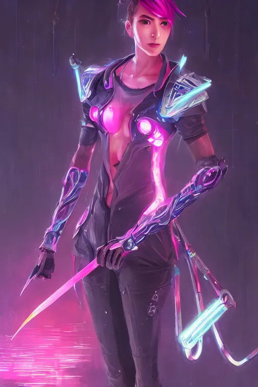 Image similar to fiora from league of legends, cyberpunk futuristic neon. fencing, long sword in her hand, decorated with traditional japanese ornaments by ismail inceoglu dragan bibin hans thoma greg rutkowski alexandros pyromallis nekro rene maritte illustrated, perfect face, fine details, realistic shaded, fine - face, pretty face, masterpiece