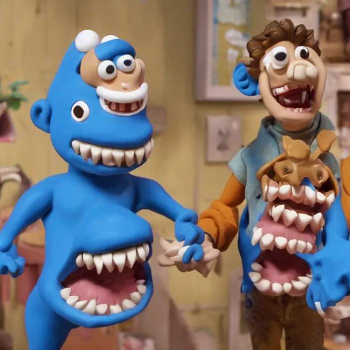 Prompt: jeff koons style street sharks in wallace & gromit claymation