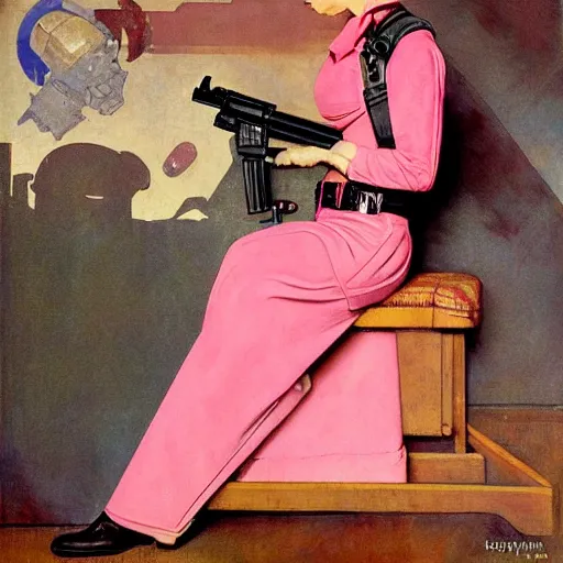 Image similar to Pink sci-fi woman with a gun. Norman Rockwell painting.