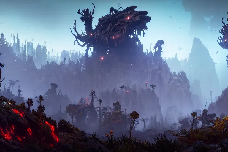 Prompt: wide epic shot from horizon forbidden west with a view on a hyper detailed organic mechanic creatuve realistic similar look as horizon forbidden west horizon zero dawn, bioluminiscence in a dark deep forest at dawn in spring, with reflection and textures, by kilian eng, substance painter reaslitic mech surface metal painted scratches, world env from horizon forbidden west horizon zero dawn