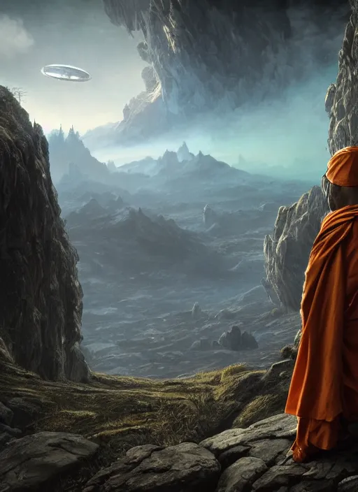 Image similar to a cosmic monk in lord of the rings scenery landscape, looking at a huge hovering spaceship in the sky, highly detailed, vivid color, cinematic lighting, perfect composition, 8 k, gustave dore, derek zabrocki, greg rutkowski, belsinski, octane render