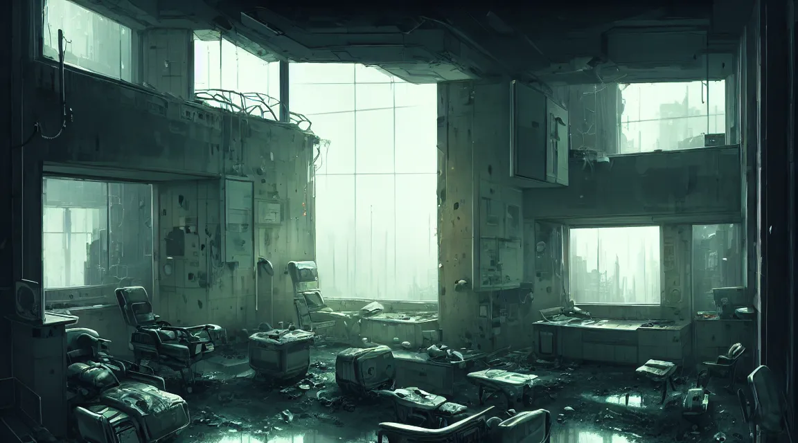 Prompt: post apocalyptic room interior, hospital interior, human silhouette, furniture, interior decoration, by pascal blanche, neil blevins, trending on artstation, photorealistic, hyper detailed, hyper realistic, cyberpunk