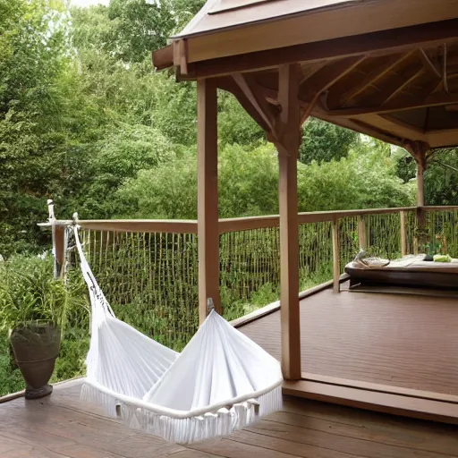 Image similar to roofed elevated veranda of a brown wooden summerhouse with a white swinging garden hammock