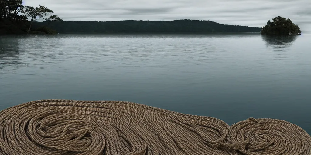 Prompt: centered photograph of an long thick line of rope zig zagging snaking across the surface of the water into the distance, submerged underwater rope stretching out towards the center of the lake, a dark lake on a cloudy day, pebble sandy shore in foreground, color film, trees in the background, hyper - detailed photo, anamorphic lens